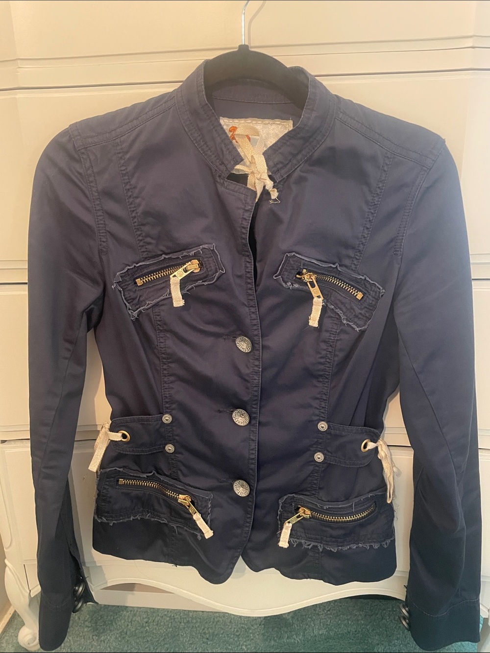 Navy Women’s Utility Jacket with Gold Zippers Small